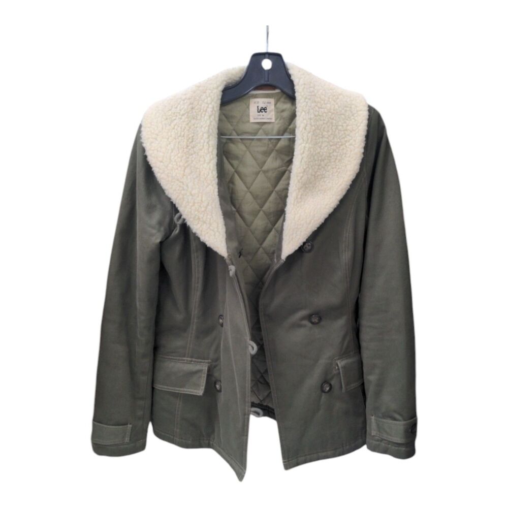 Lee Woman's Size M  Denim Jacket  Fleece Collar Olive Green